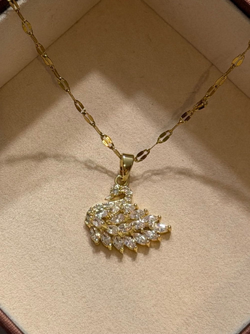 Golden Swan Zirconia Pendant Stainless Steel Stamped Necklace Chain